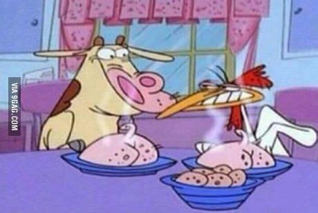 cow and chicken eating booty